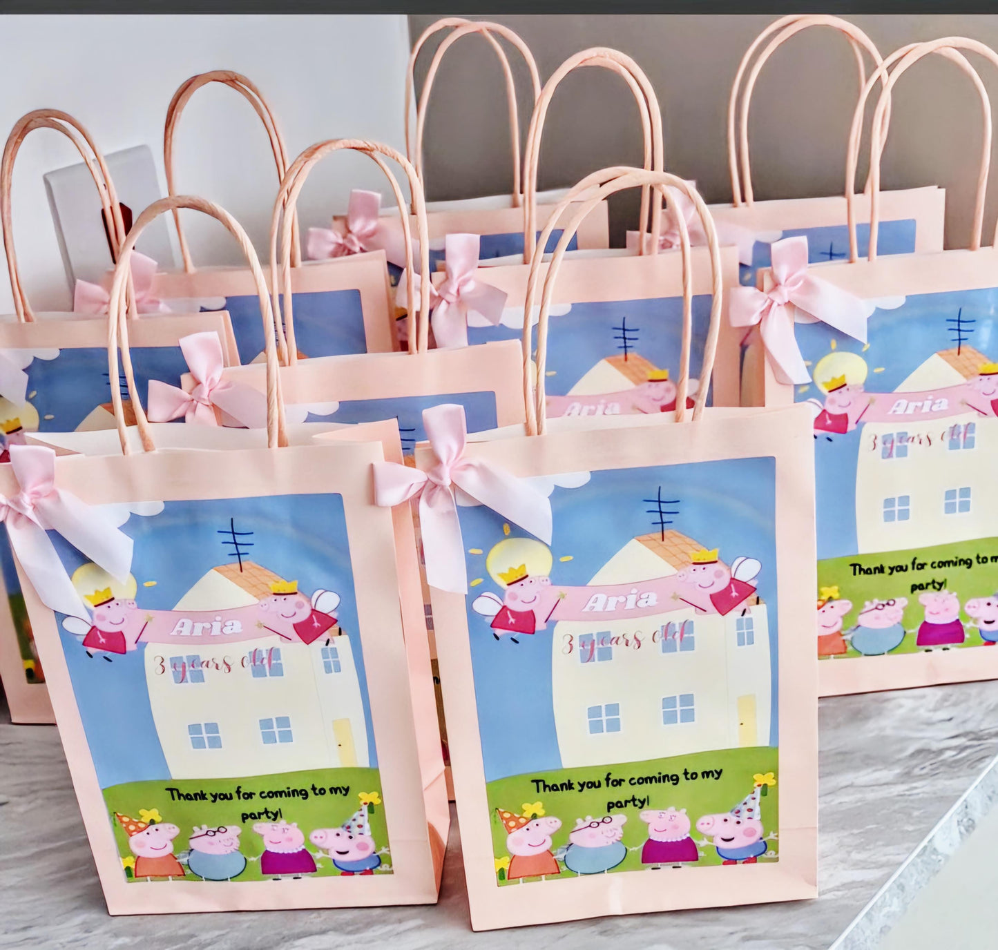 Pink pig party bag - Personalised pink pig Party bag - Editable image