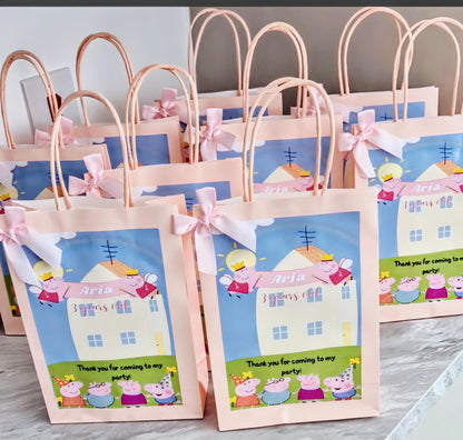 Pink pig party bag - Personalised pink pig Party bag - Editable image
