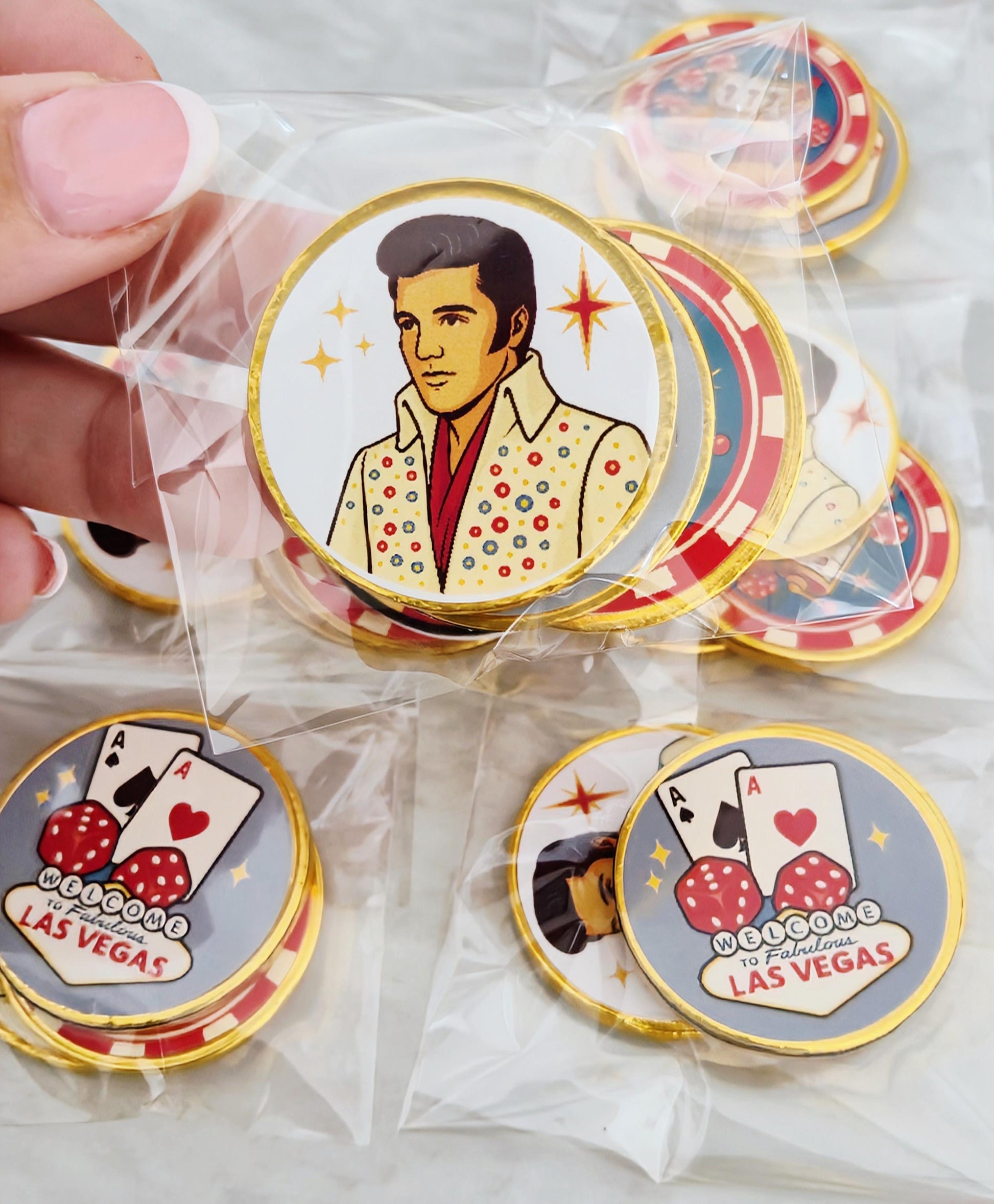 Las Vegas party favours - Elvis chocolate coins - Casino theme birthday - Poker night