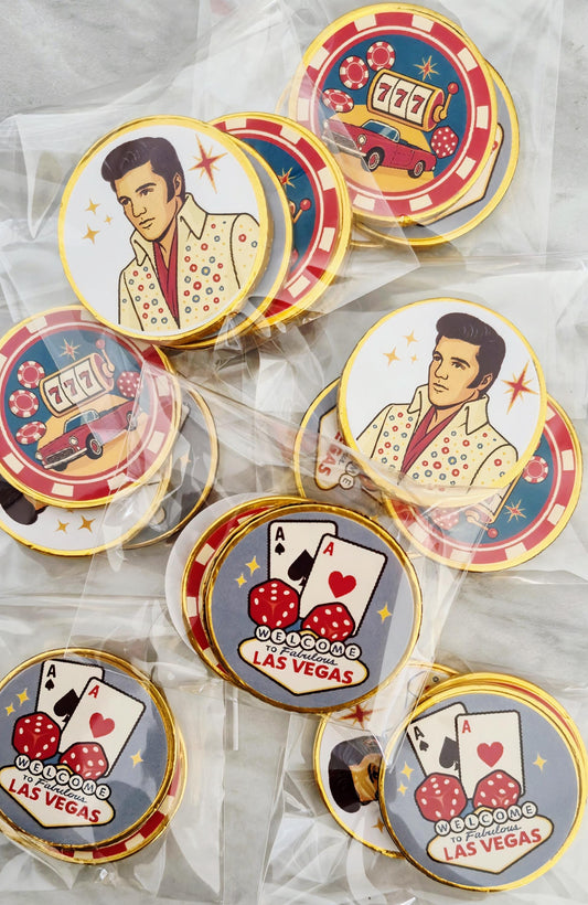 Las Vegas party favours - Elvis chocolate coins - Casino theme birthday - Poker night