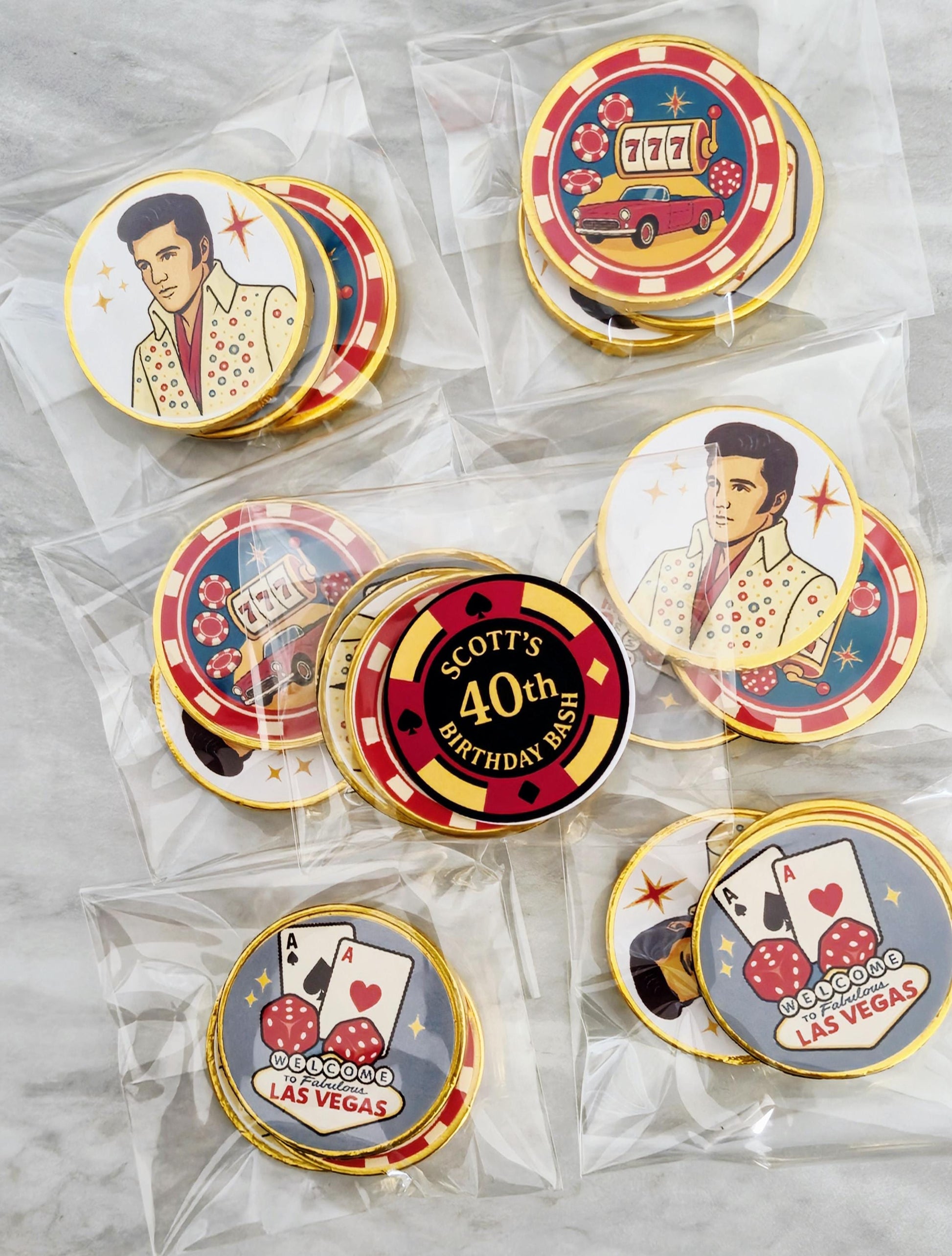 Las Vegas party favours - Elvis chocolate coins - Casino theme birthday - Poker night