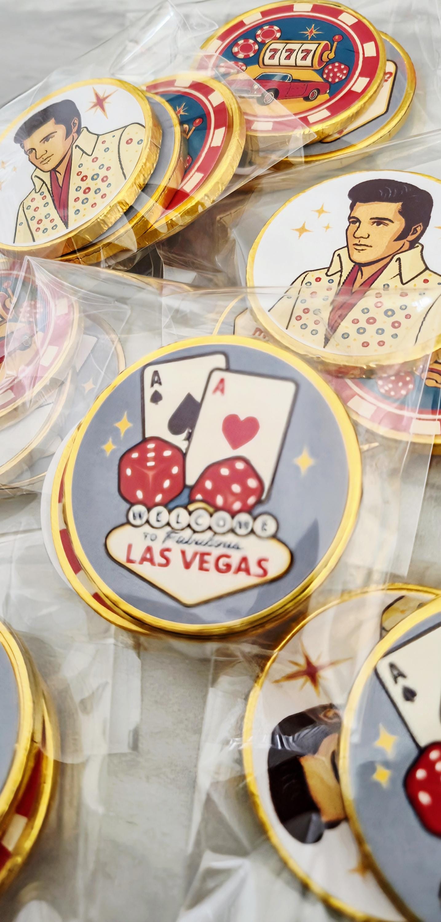 Las Vegas party favours - Elvis chocolate coins - Casino theme birthday - Poker night