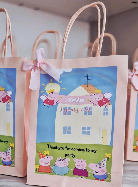 Pink pig party bag - Personalised pink pig Party bag - Editable image