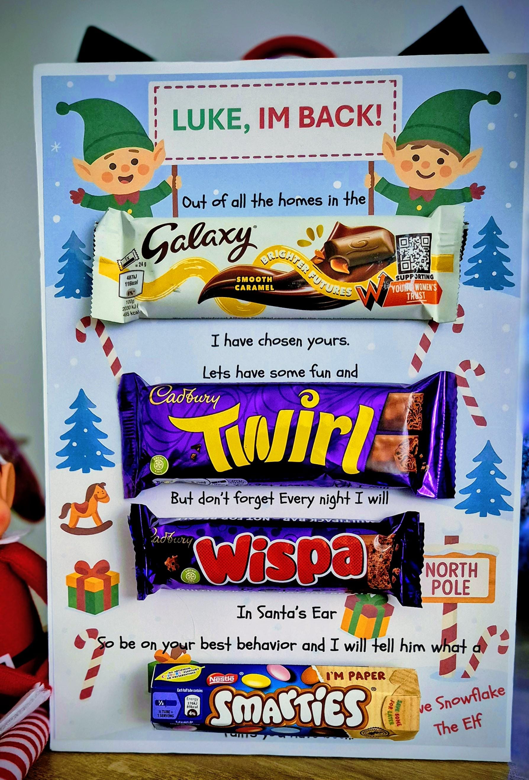 Elf arrival chocolate board - Elf gift - Elf I'm back chocolate message board.- Personalised