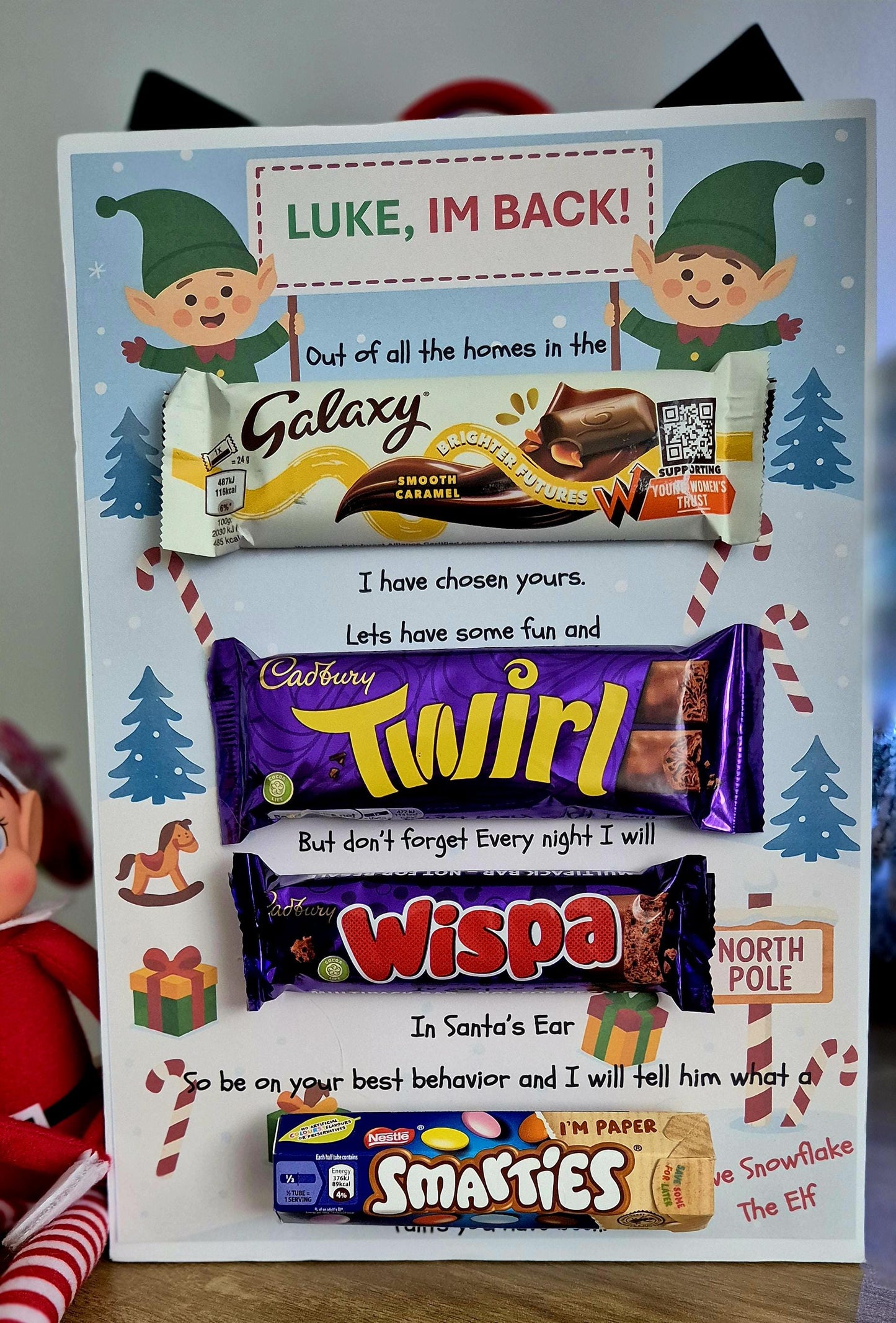 Elf arrival chocolate board - Elf gift - Elf I'm back chocolate message board.- Personalised