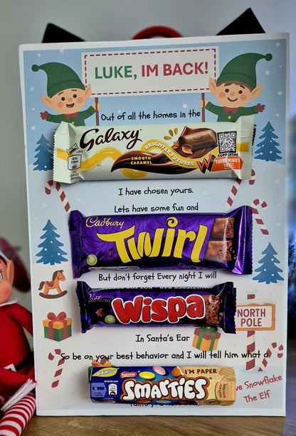 Elf arrival chocolate board - Elf gift - Elf I'm back chocolate message board.- Personalised