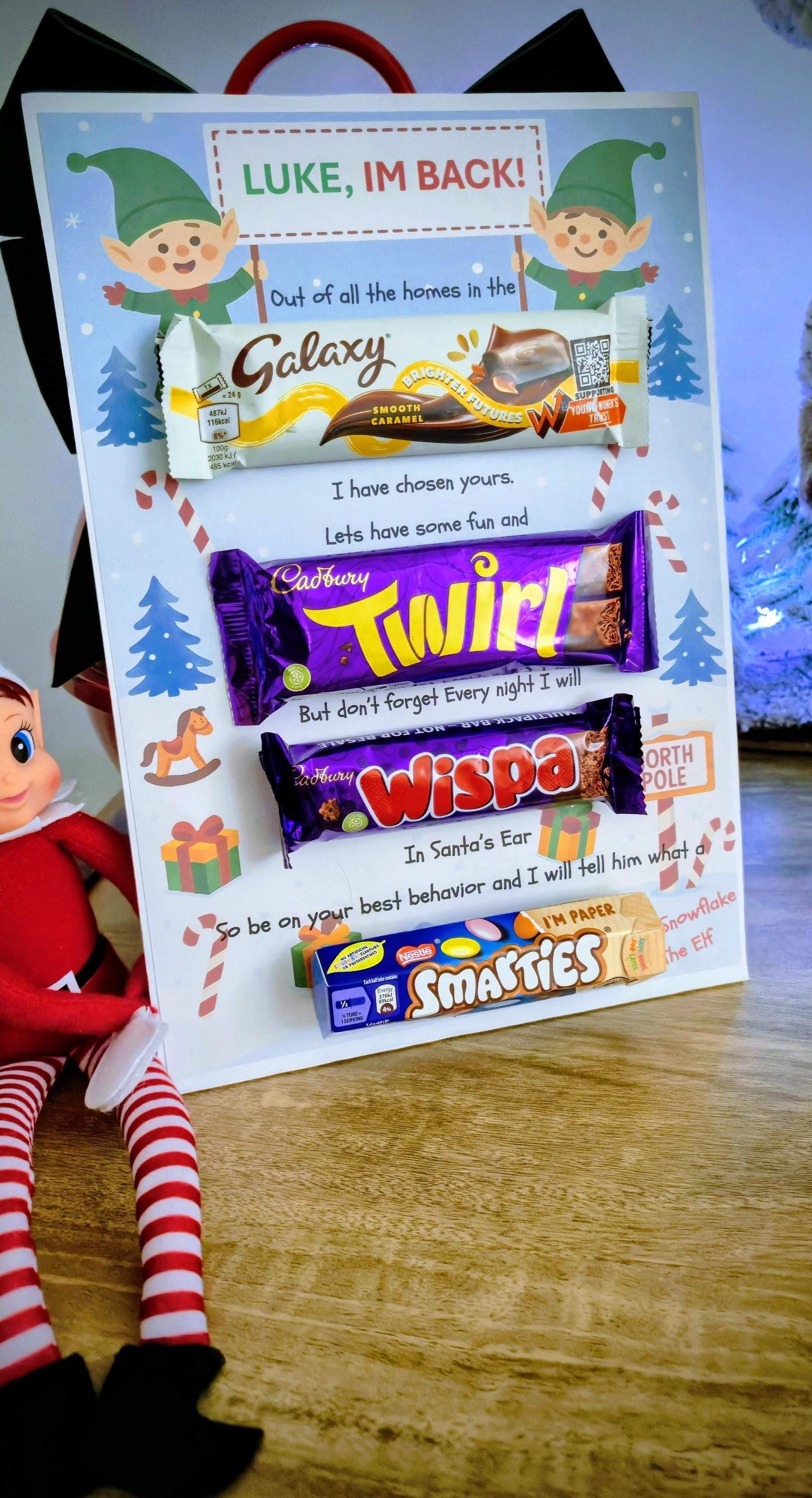 Elf arrival chocolate board - Elf gift - Elf I'm back chocolate message board.- Personalised