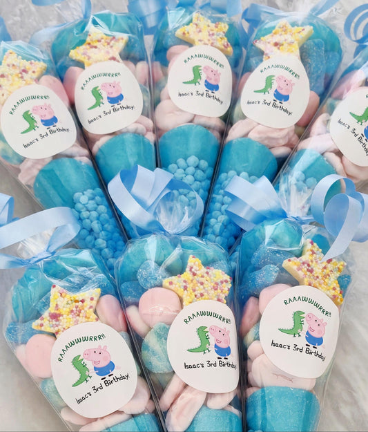 Pig Party Favor Sweet Cones: Birthday Treat with Blue Ribbon