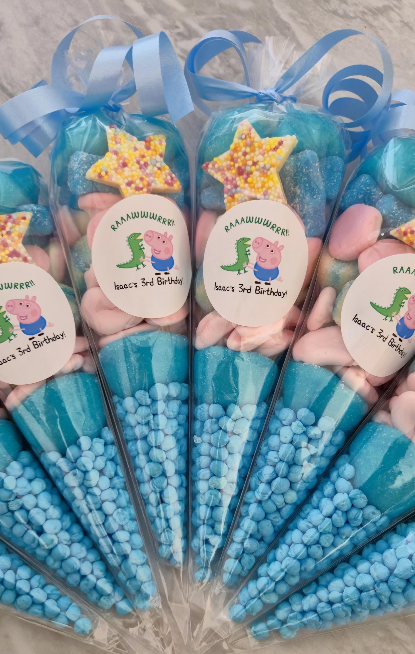 Pig Party Favor Sweet Cones: Birthday Treat with Blue Ribbon