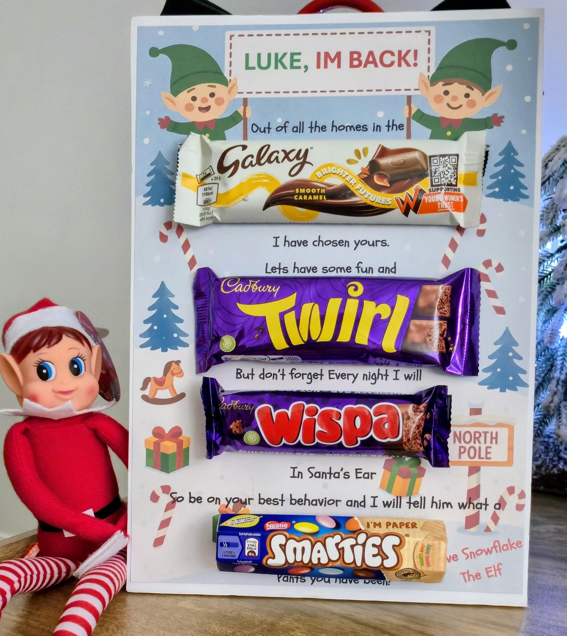 Elf arrival chocolate board - Elf gift - Elf I'm back chocolate message board.- Personalised