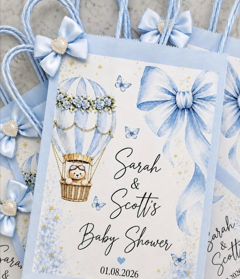 Personalised Blue Baby Shower Party Bags | Bow & Adventure Awaits