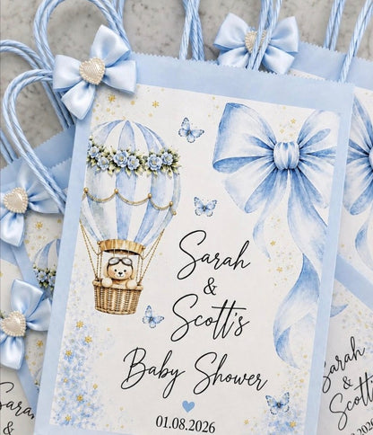 Personalised Blue Baby Shower Party Bags | Bow & Adventure Awaits