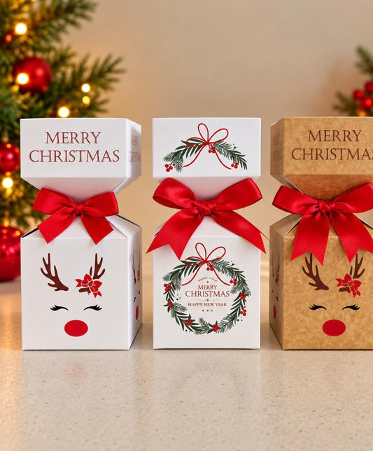 Three Christmas-themed gift boxes arranged side by side on a countertop, with festive greenery and warm lights blurred in the background. The left and center boxes are white with red bows and holiday graphics, and the right box is kraft brown with a red bow.