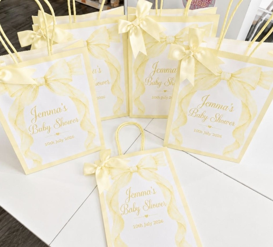 Personalised Yellow Baby Shower Party Bags | Bow & Adventure Awaits