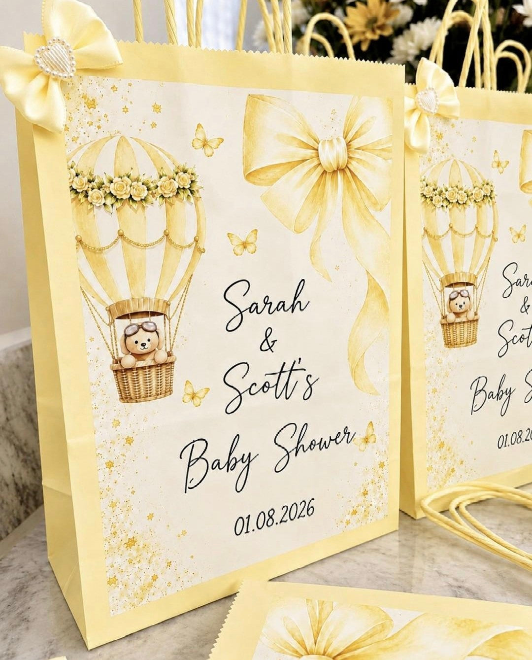 Personalised Yellow Baby Shower Party Bags | Bow & Adventure Awaits