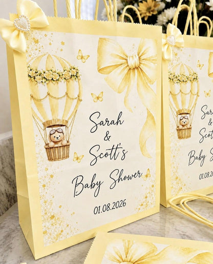 Personalised Yellow Baby Shower Party Bags | Bow & Adventure Awaits